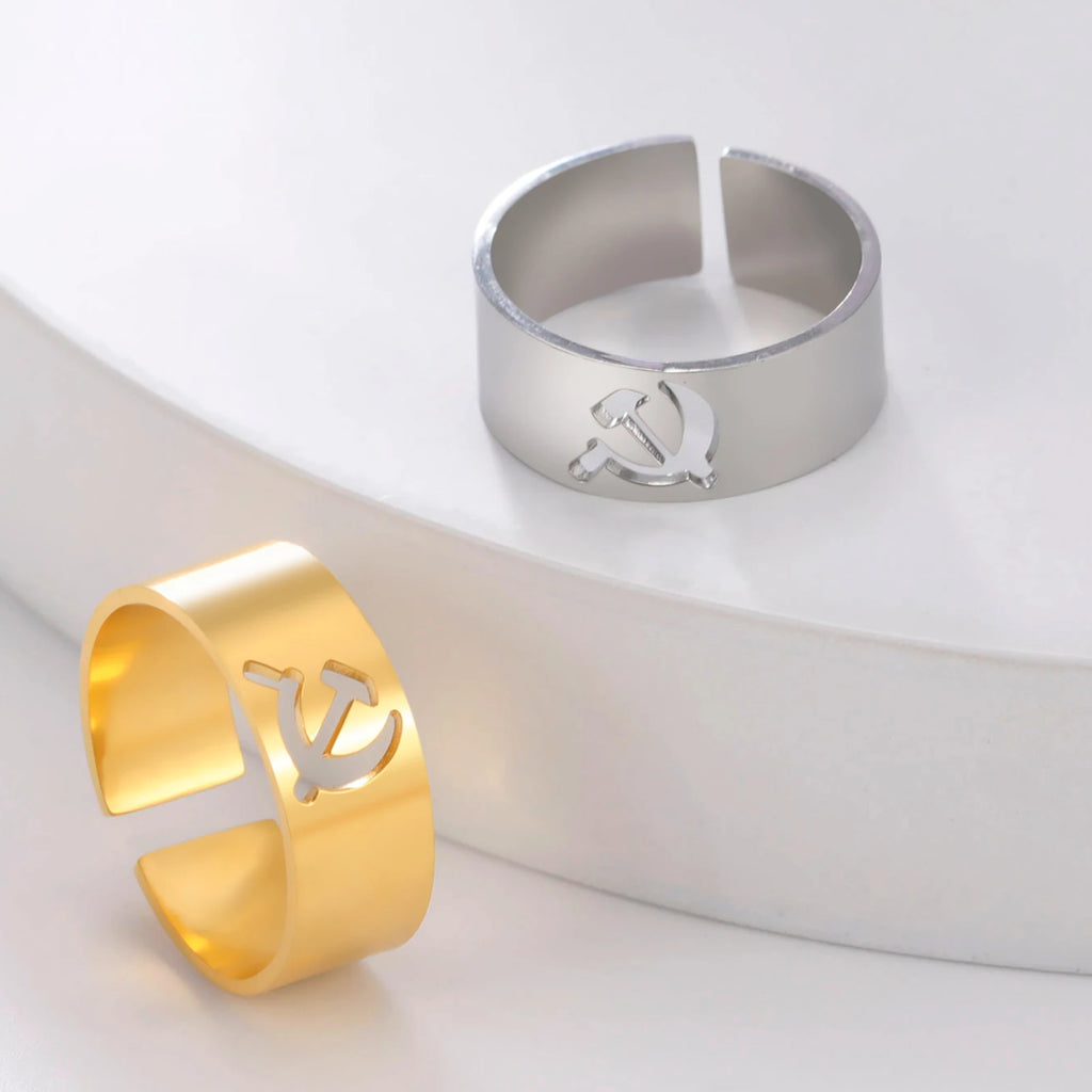 LIKGREAT USSR Symbol Hammer and Sickle Ring Stainless Steel Wide Open Signet Ring for Women Vintage Jewelry New Party Gift