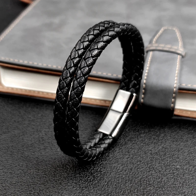 Double Leather Braided Charm Bracelet — Stainless Steel