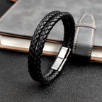 Double Leather Braided Charm Bracelet — Stainless Steel