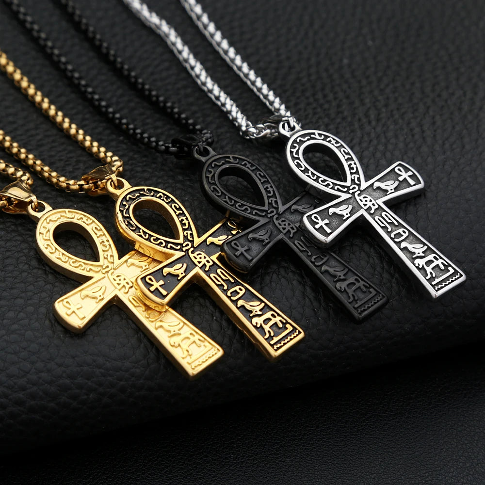 Vintage Fashion Ancient Egyptian Ankh Cross Pendant Necklace For Men Women Stainless Steel Amulet Jewelry Gifts