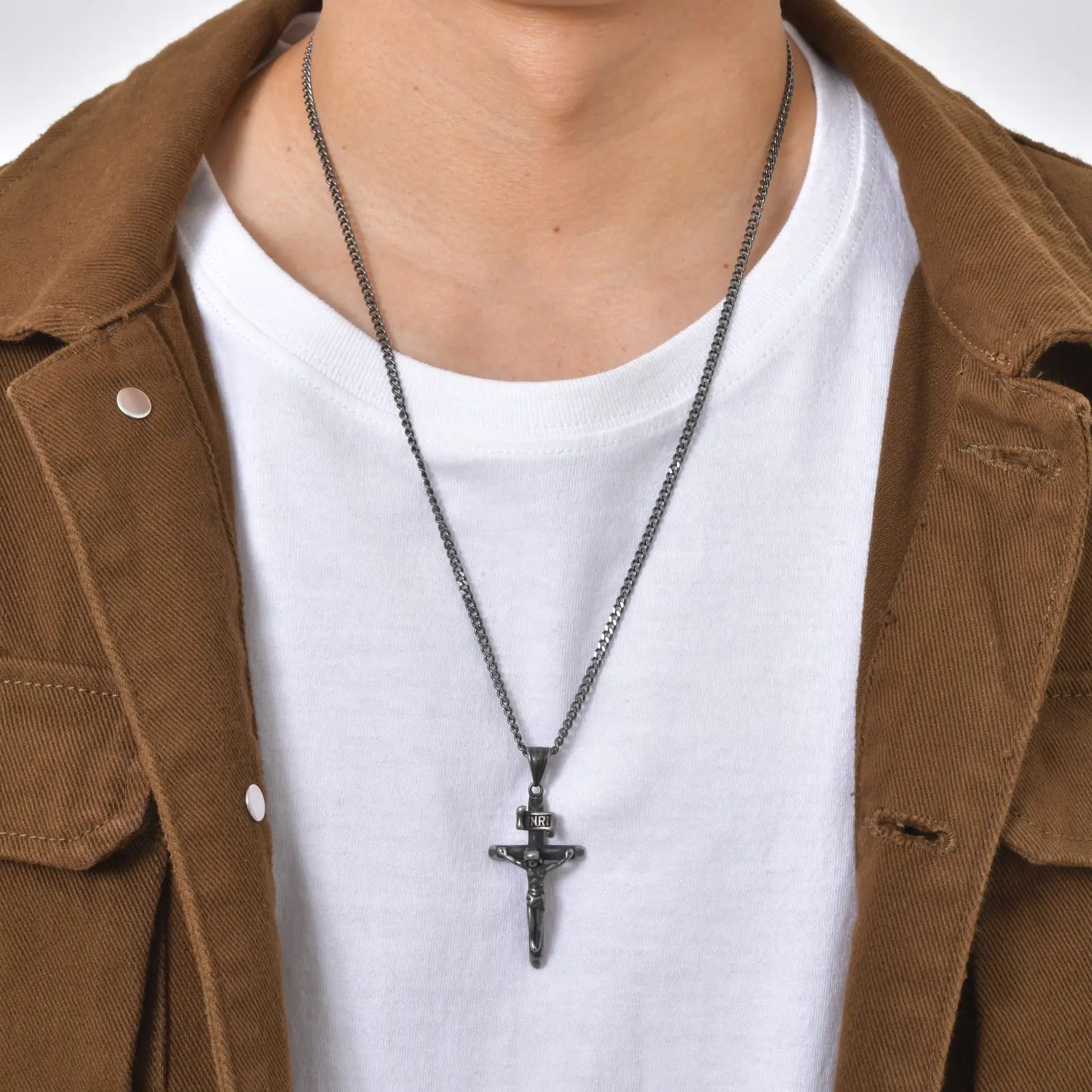 Vnox Stainless Steel Catholic Jesus Cross Necklace for Men Women, Crucifix Pendant with 60cm Cuban Chain, Religious