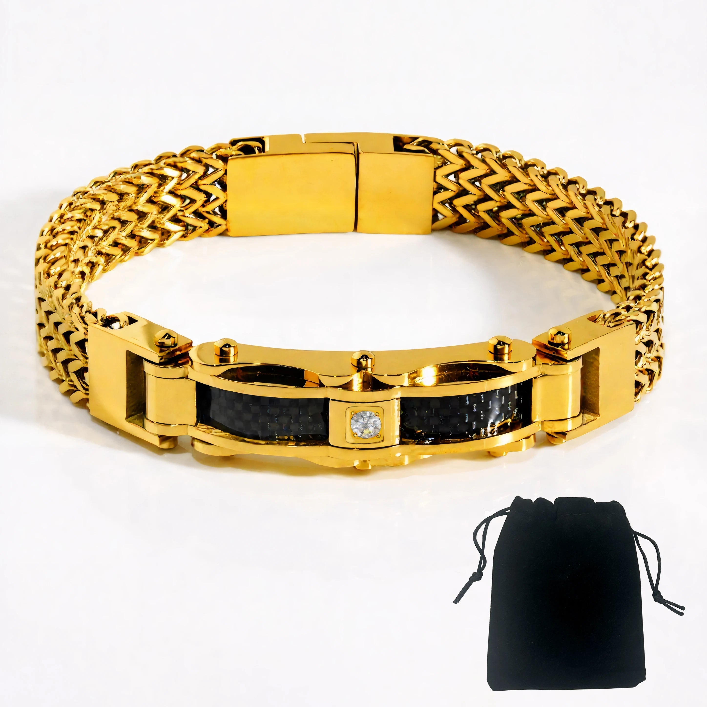 Punk Stainless Steel Bracelet 21 Cm Franco Link Chain Inlaid With Large-Grained Zircon Magnet Clasp
