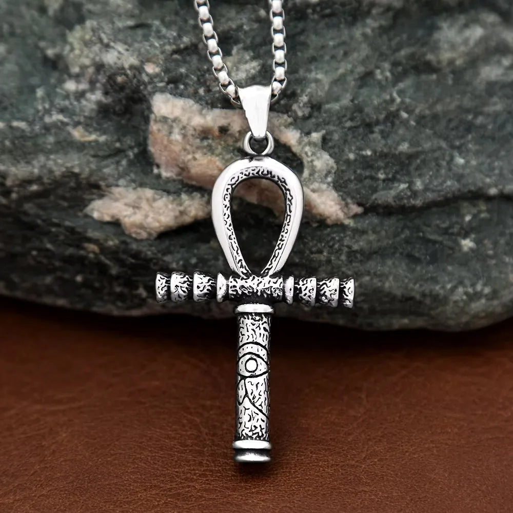 Antique Textured Egyptian Ankh Cross Pendant Necklace Stainless Steel Eye Of Horus Faith Amulet For Male Matching Trendy Jewelry