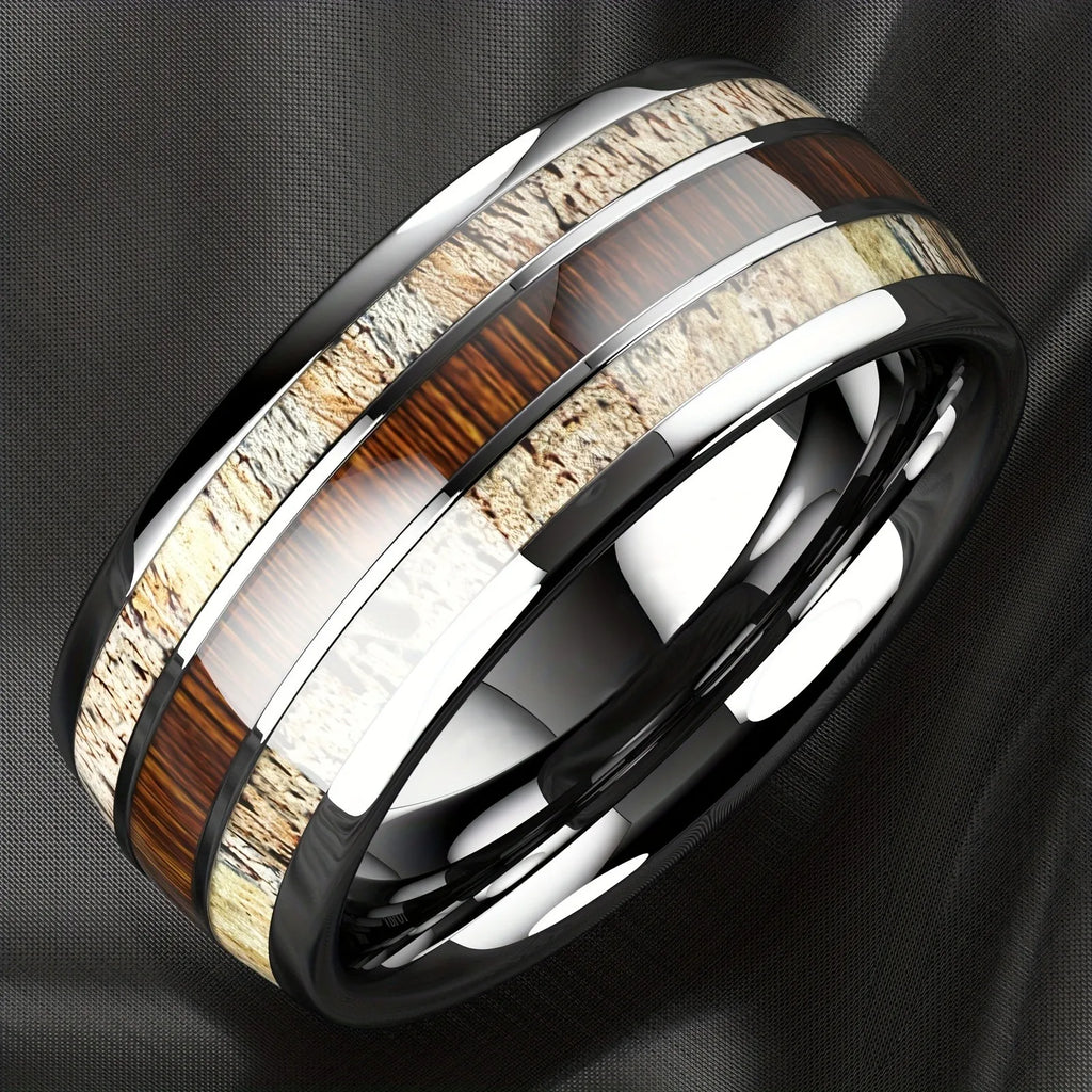 Fashion Silver Color Men's Stainless Steel Rings Koa Wood Deer Antler Inlay Dome Engagement Rings For Men Women Wedding
