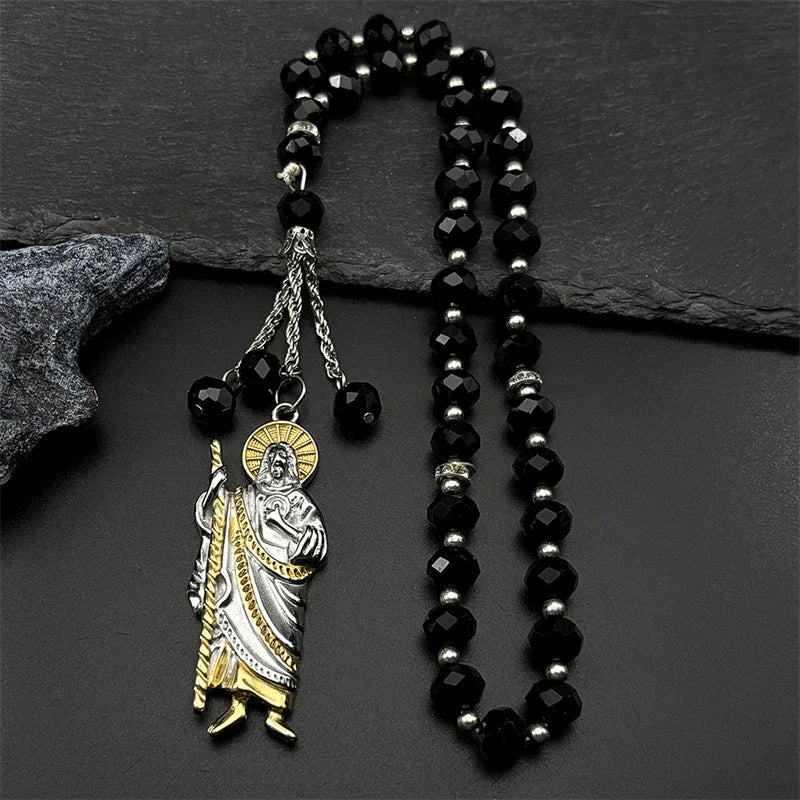 San Judas Tadeo Car Pendant Stainless Steel Gold Silver Color Saint Jude Thaddeus Glass Prayer Beads Chain Amulet Jewelry Gift