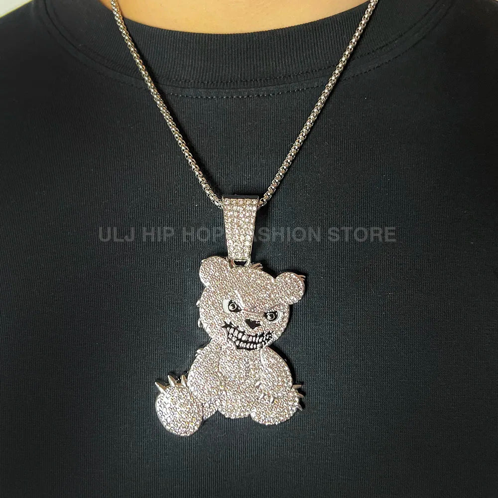 Men Women Iced Out Brown Bear Pendant Necklace With 13mm Miami Cuban Link Chain Men's Necklaces Choker Collar Hip Hop
