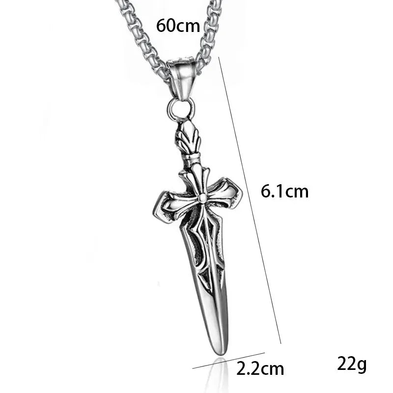 Titanium Steel Crusader Cross Necklace, Black Coated Sword Pendant, Adjustable 60cm Chain, Gothic Gift for Men Women