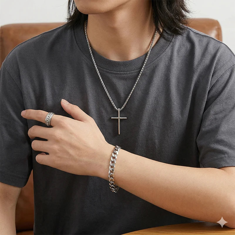Black Cross Cuban Chain Necklace Ring Bracelet Set