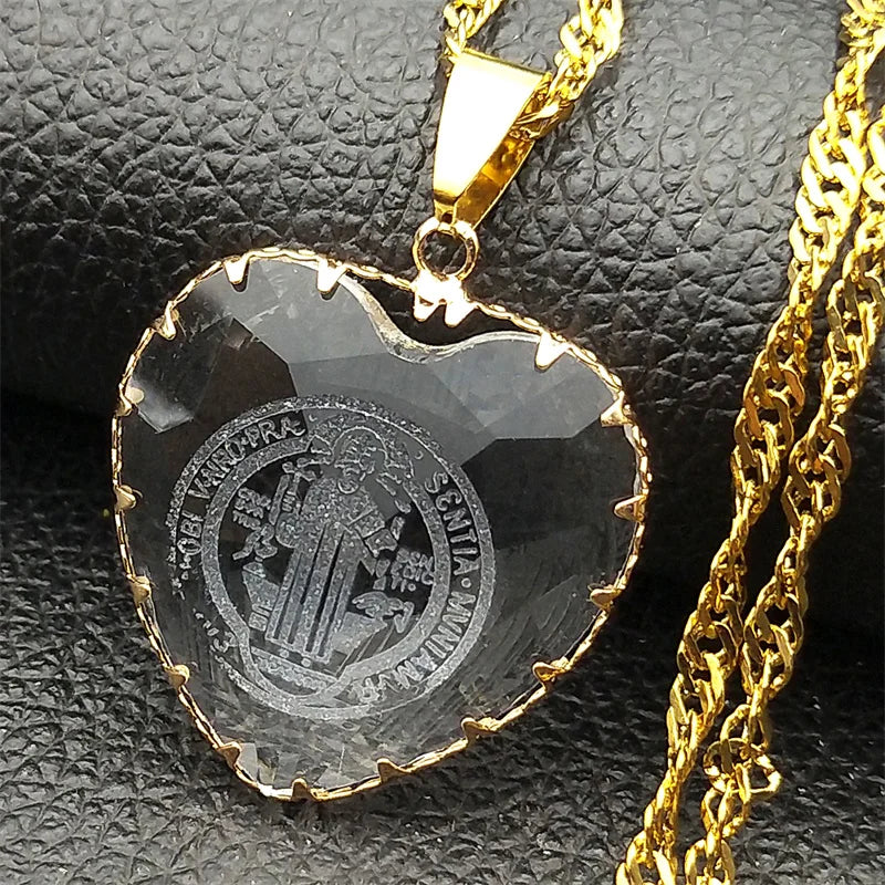 Saint Benedict Blue Heart Necklace — Stainless Steel