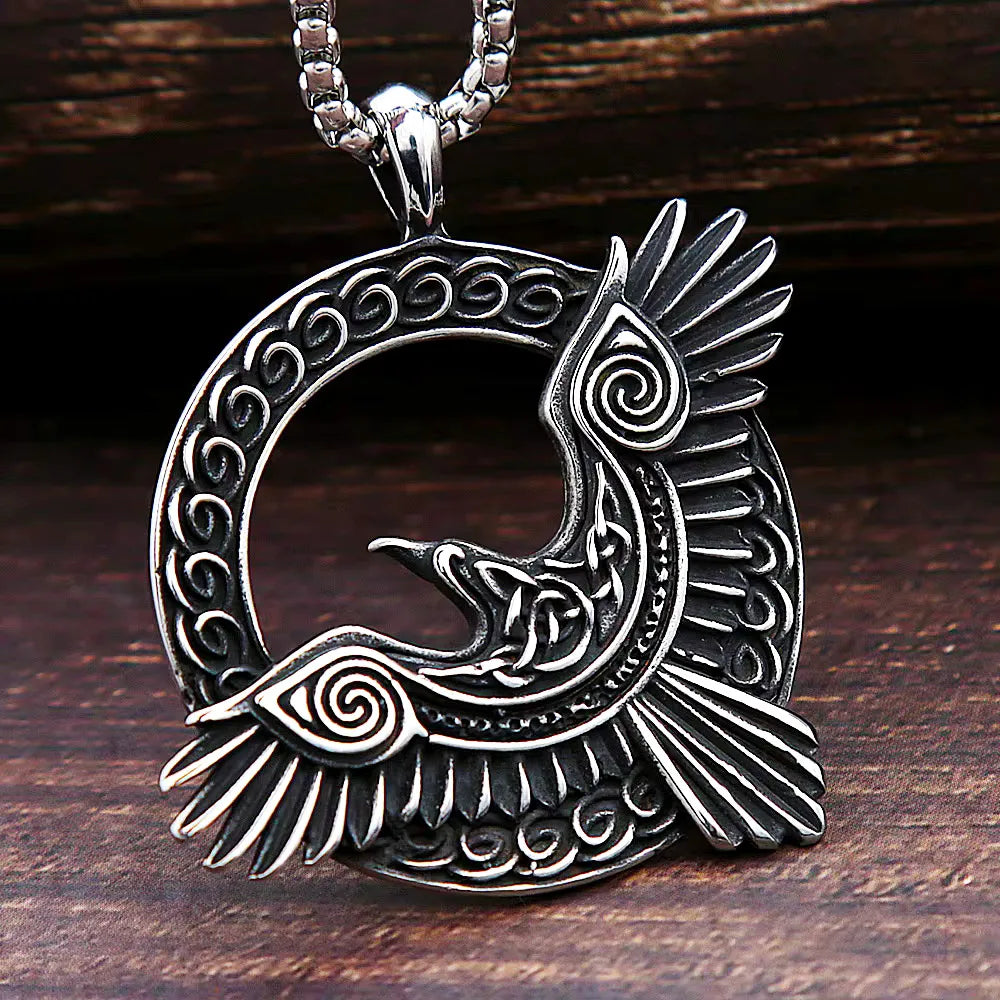 Vintage Viking Raven Pendant Necklace Nordic Circular Hollow Amulet For Men Women Daily Punk Casual Fashion Jewelry Accessories
