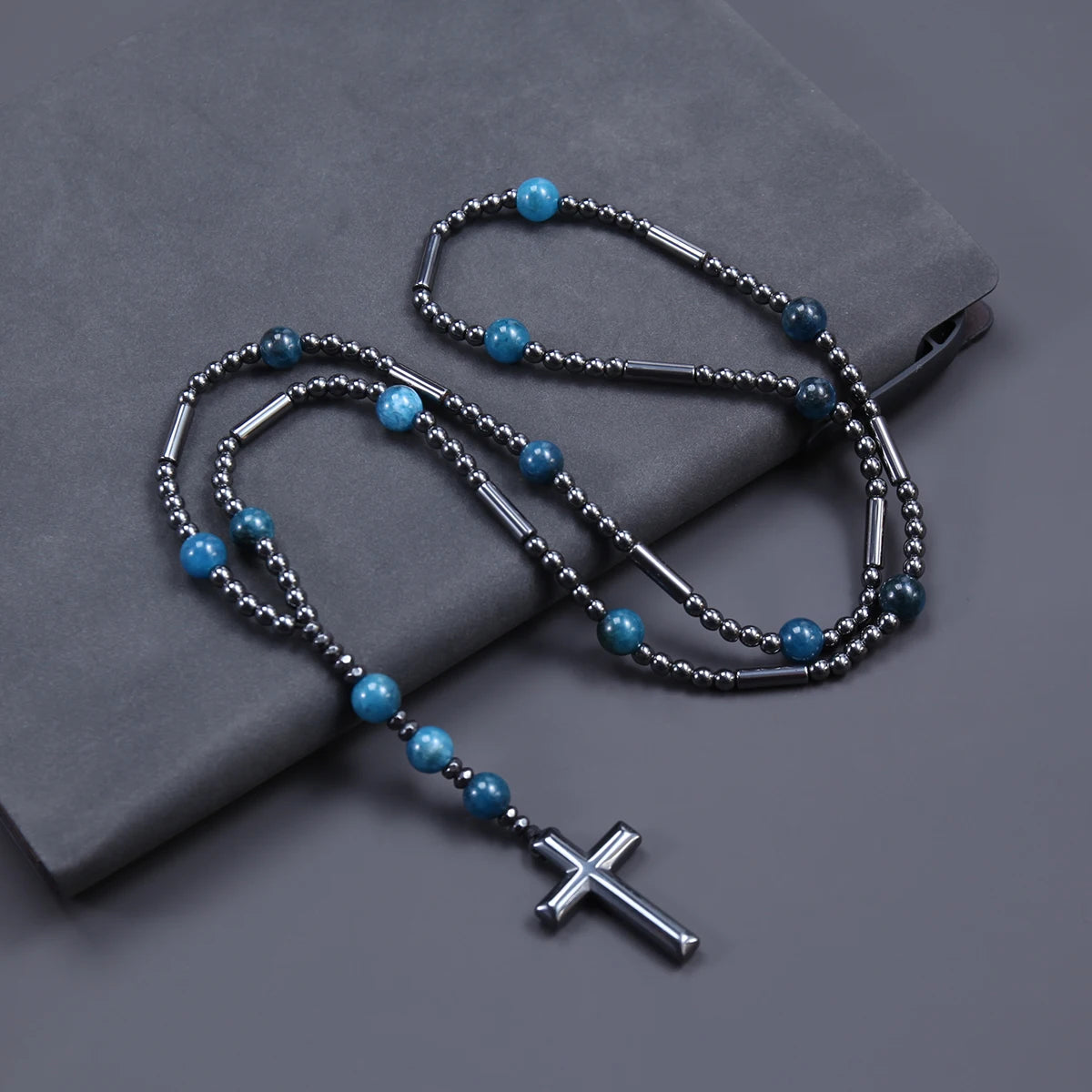 Black Hematite Blue Stone Cross Pendant Necklace — Black-Tone