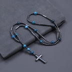 Fashion Black Hematite Beads with Blue Natural Stone Cross Pendant Necklace for Men and Womern Sweater Chain