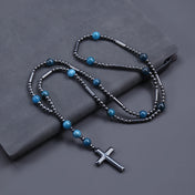 Fashion Black Hematite Beads with Blue Natural Stone Cross Pendant Necklace for Men and Womern Sweater Chain