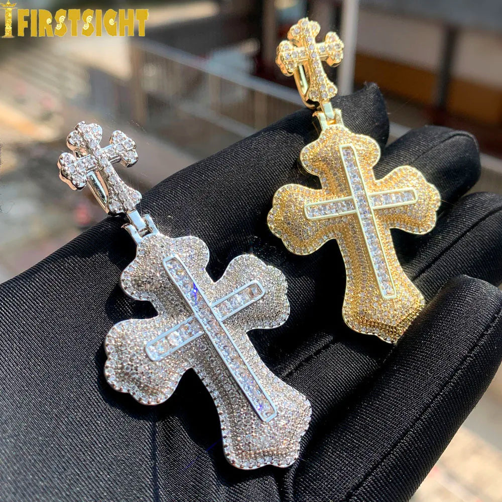 New Iced Out Bling CZ Letter Cross Pendant Necklace Various Design 5A Zircon Two Tone Color Badge Charm Men's Hip Hop