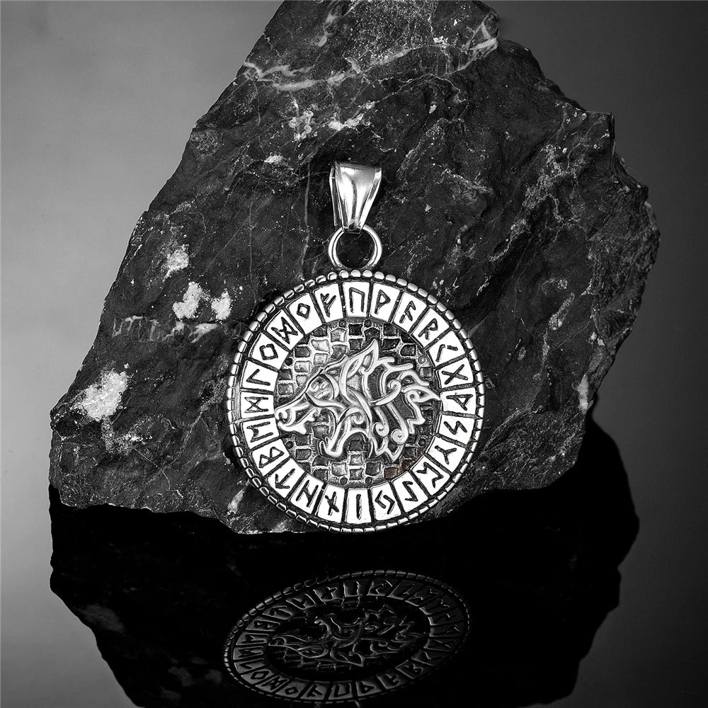 Viking Norse Mythology Odin Wolf Necklaces Men Gold Color Fenrir Rune Pendant Talisman Stainless Steel Male