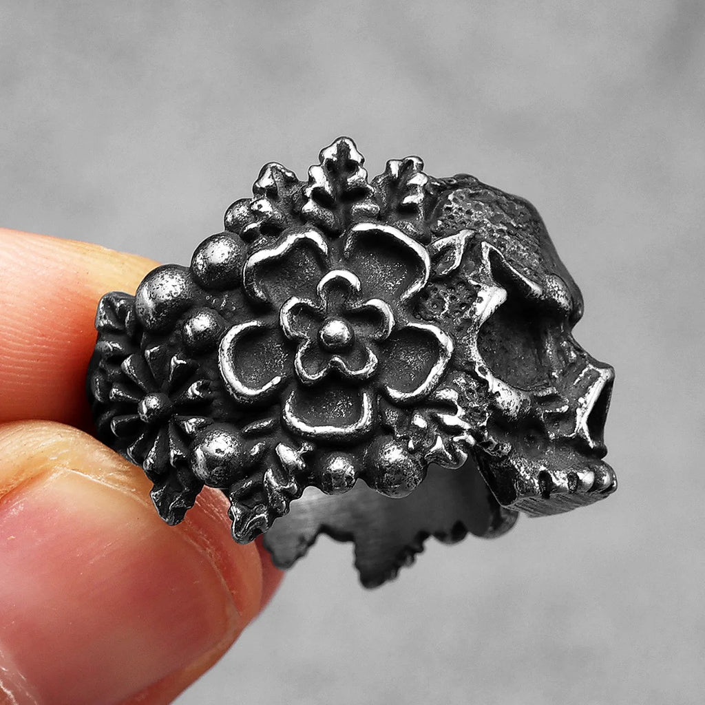 Flower Skull Ring Black — Stainless Steel