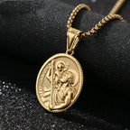 Religious St. Christopher Protect Us Necklace For Men Stainless Steel Geometric Oval Pendant Collares Jewelry