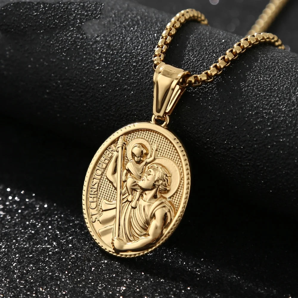 Religious St. Christopher Protect Us Necklace For Men Stainless Steel Geometric Oval Pendant Collares Jewelry