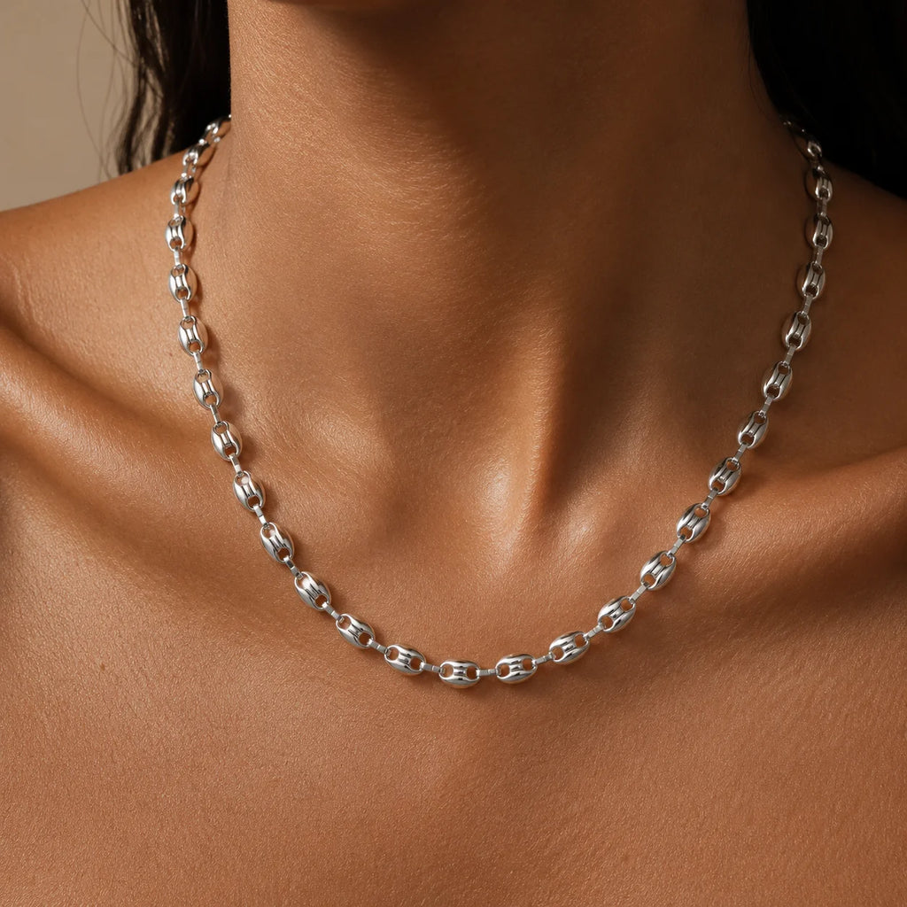 316L Stainless Steel Pig Nose Chain 58cm, Non-Tarnish Coffee Bean Link Necklace, Waterproof Hip Hop Jewelry Gold Silver