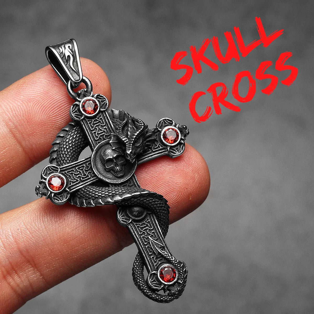 Skull Dragon Cross Pendant Necklace — Steel
