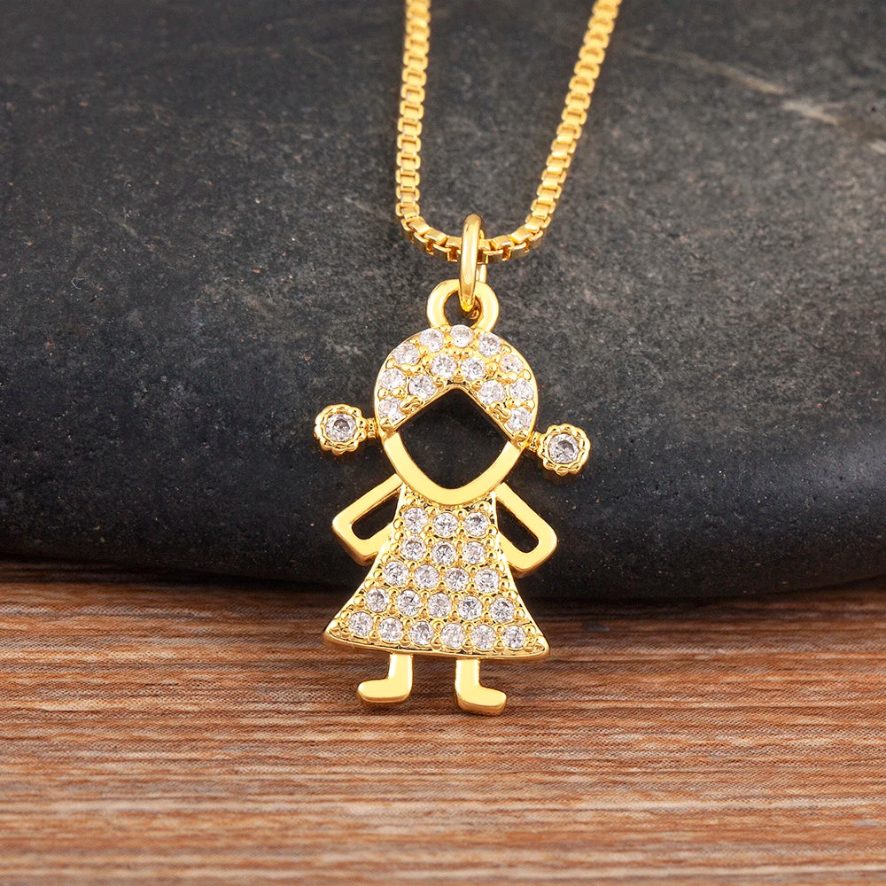 New Fashion Pave Shiny Crystal Zircon Girls Boys Son Daughter Pendant Necklace For Female Male Chain Link Jewelry Accessories