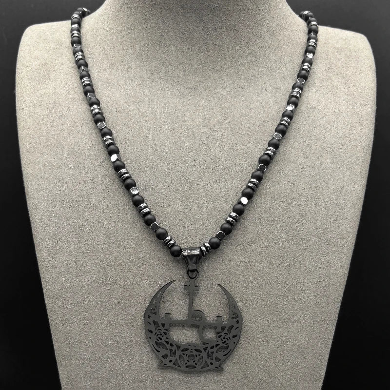Wiccan Pentagram Triple Moon Necklace — Stainless Steel, Black