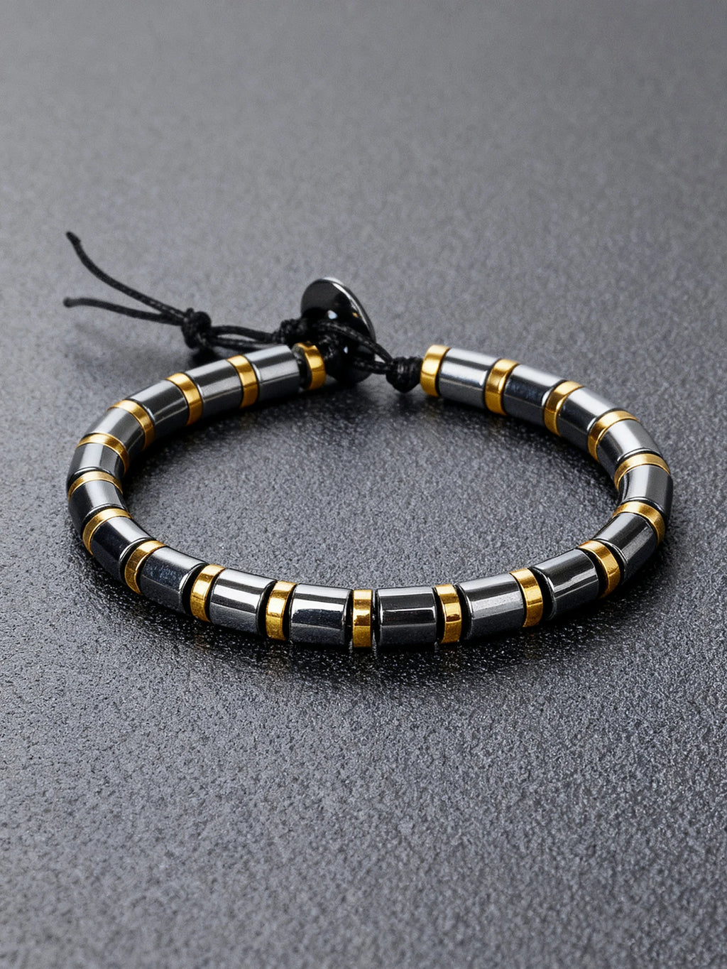 Hematite Stone Bracelet Handmade Woven with Gold color Spacers Cylinder Beads Leather for Energy Protection Reiki Charm Jewelry