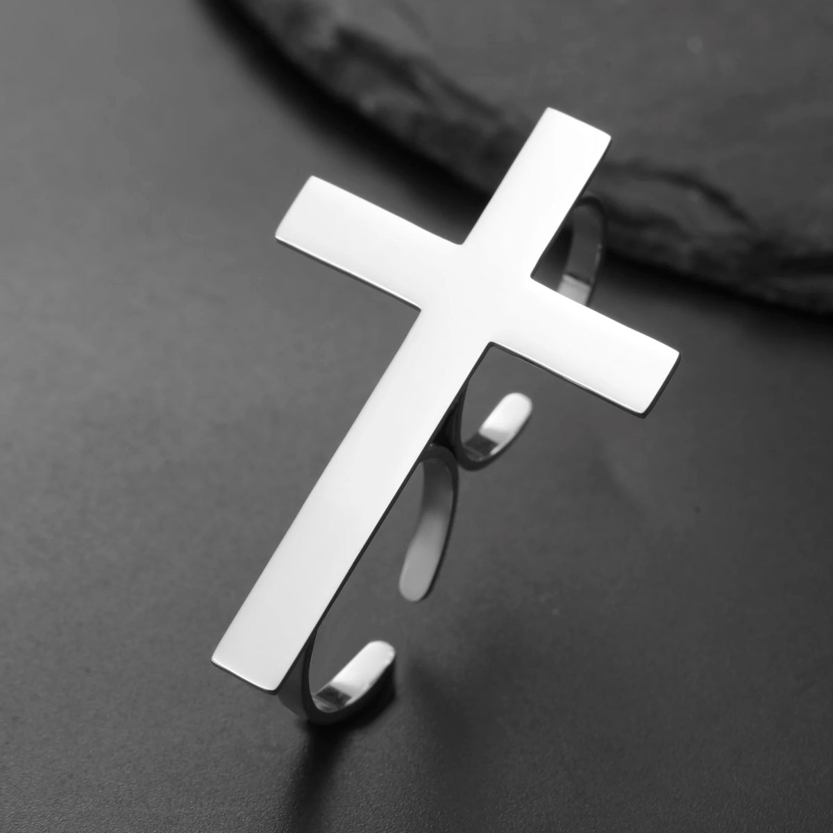 Big Cross Open Ring Two Finger Gothic Christian — Stainless Steel
