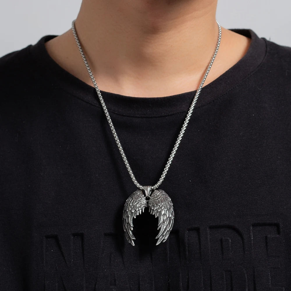 Angel Wing Pendant Necklace Silver Stainless Steel