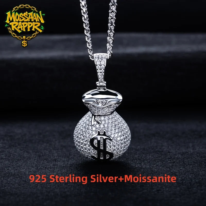 Iced Out Money Bag Pendant — 925 Silver