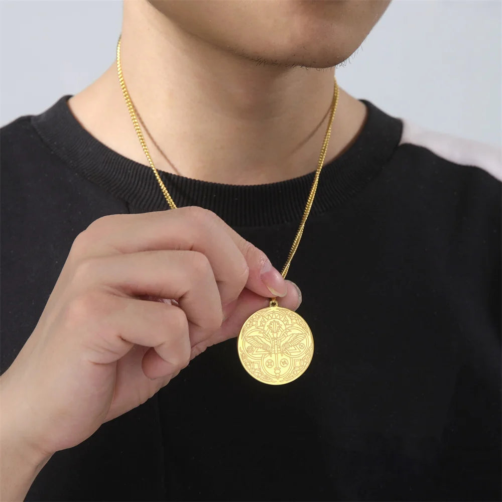 Archangel Raphael Winged Medallion Necklace — Stainless Steel