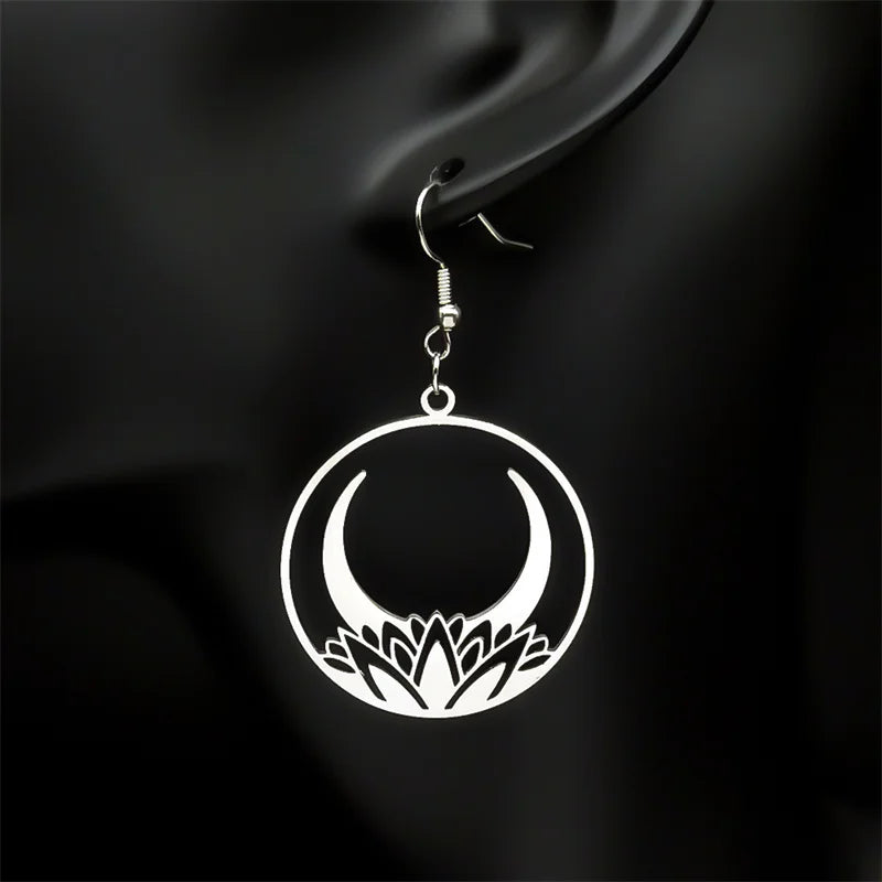 Moon Steel Earrings Gothic Flower Crescent Dangle