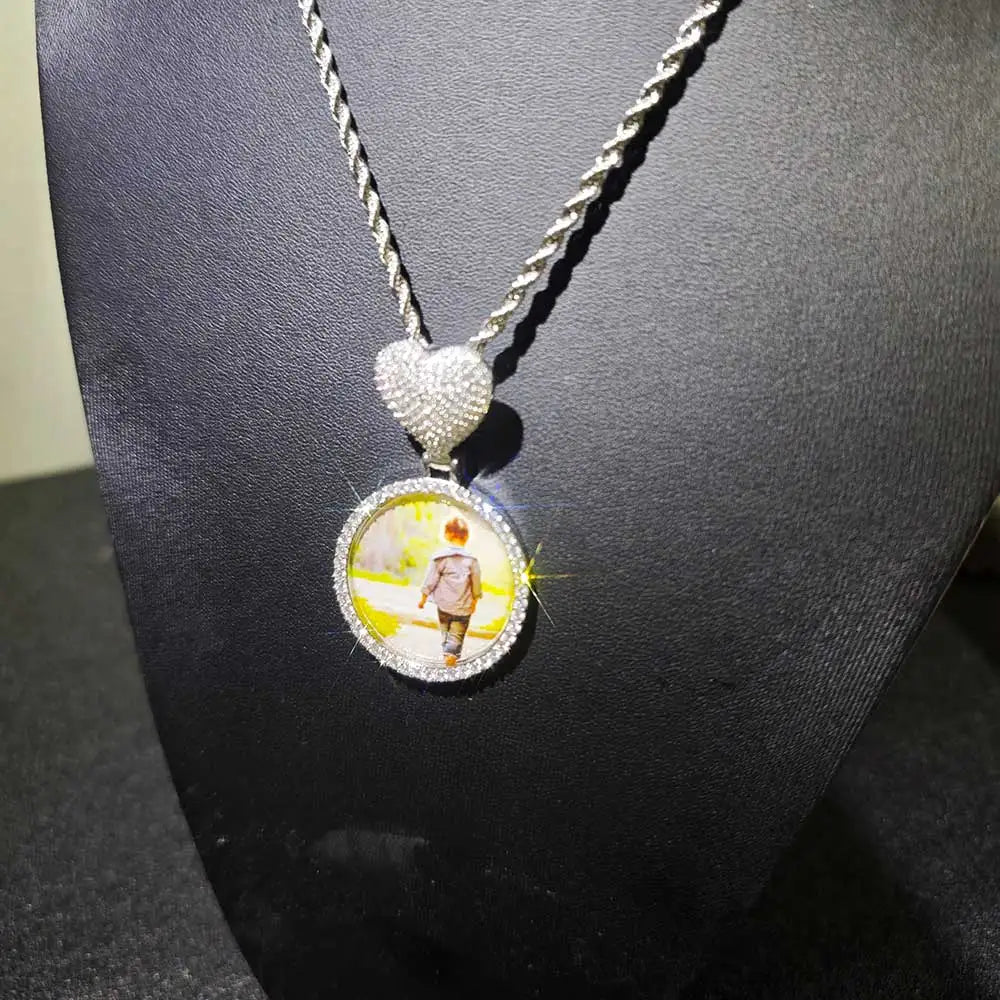 Iced Out Heart Photo Pendant Necklace 35MM