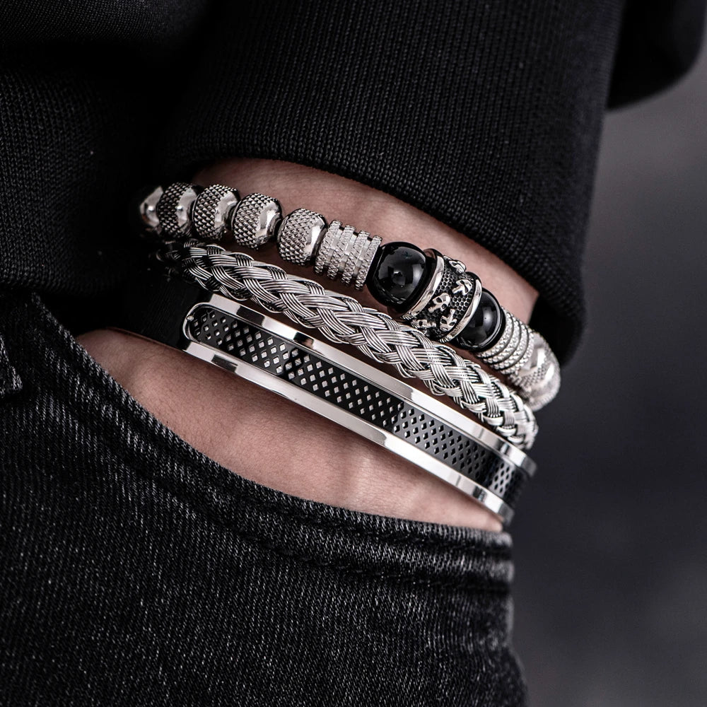 3pcs Set Men Bracelet Stainless Steel Rope Bangles Men Skull Bracelets with Tigereye Natural Stone Gift Accessories