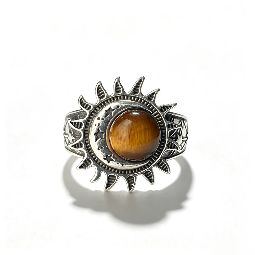 Sun Star Moon Cabochon Ring — Silver-Tone Bohemian