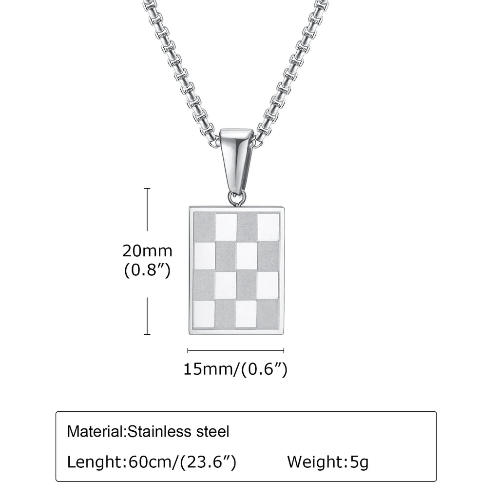Mprainbow Men's Square Checkerboard Necklace,Waterproof Stainless Steel Checkered Geometric Pendant Collar Birthday Gift Jewelry