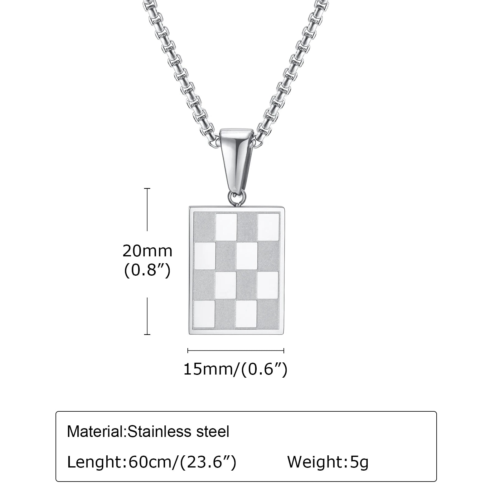 Mprainbow Men's Square Checkerboard Necklace,Waterproof Stainless Steel Checkered Geometric Pendant Collar Birthday Gift Jewelry