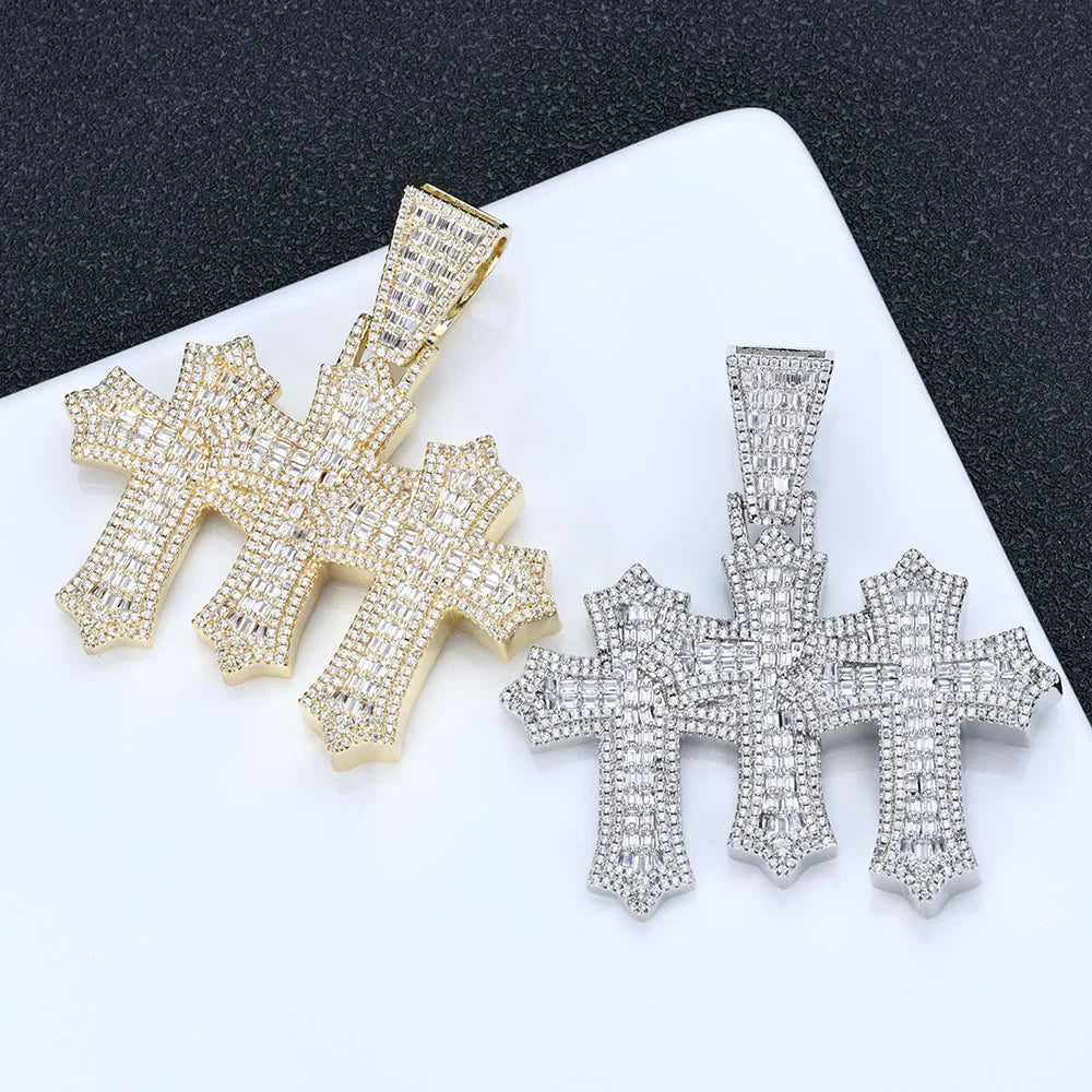 Two-Tone Cross Pendant Baguette Iced Out
