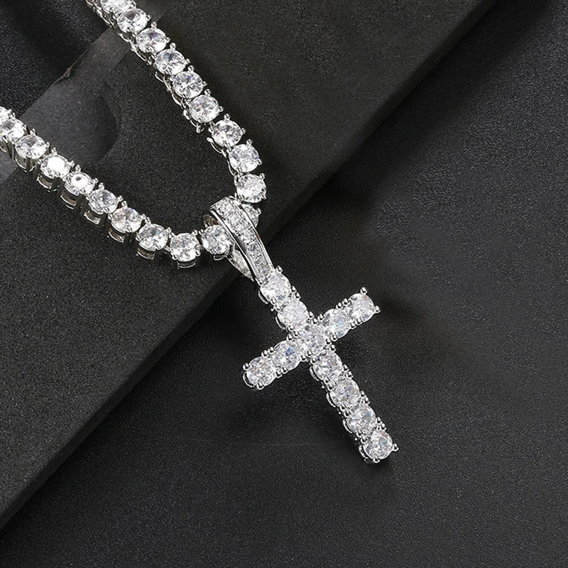 Iced Out Tennis Cross Pendant — Gold