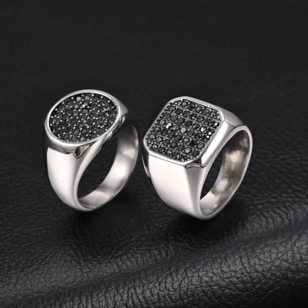 Men Signet Ring, Stainless Steel Paved Black Cubic Zirconia Band Punk Hip Hop Finger Jewelry Gift for Male Party Daily