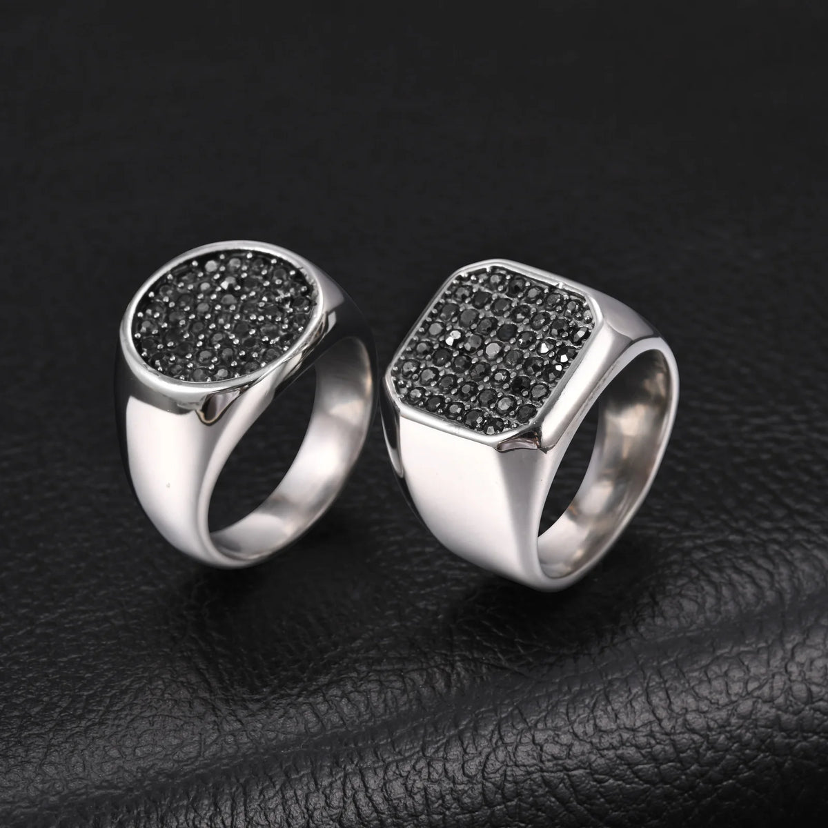 Men Signet Ring, Stainless Steel Paved Black Cubic Zirconia Band Punk Hip Hop Finger Jewelry Gift for Male Party Daily