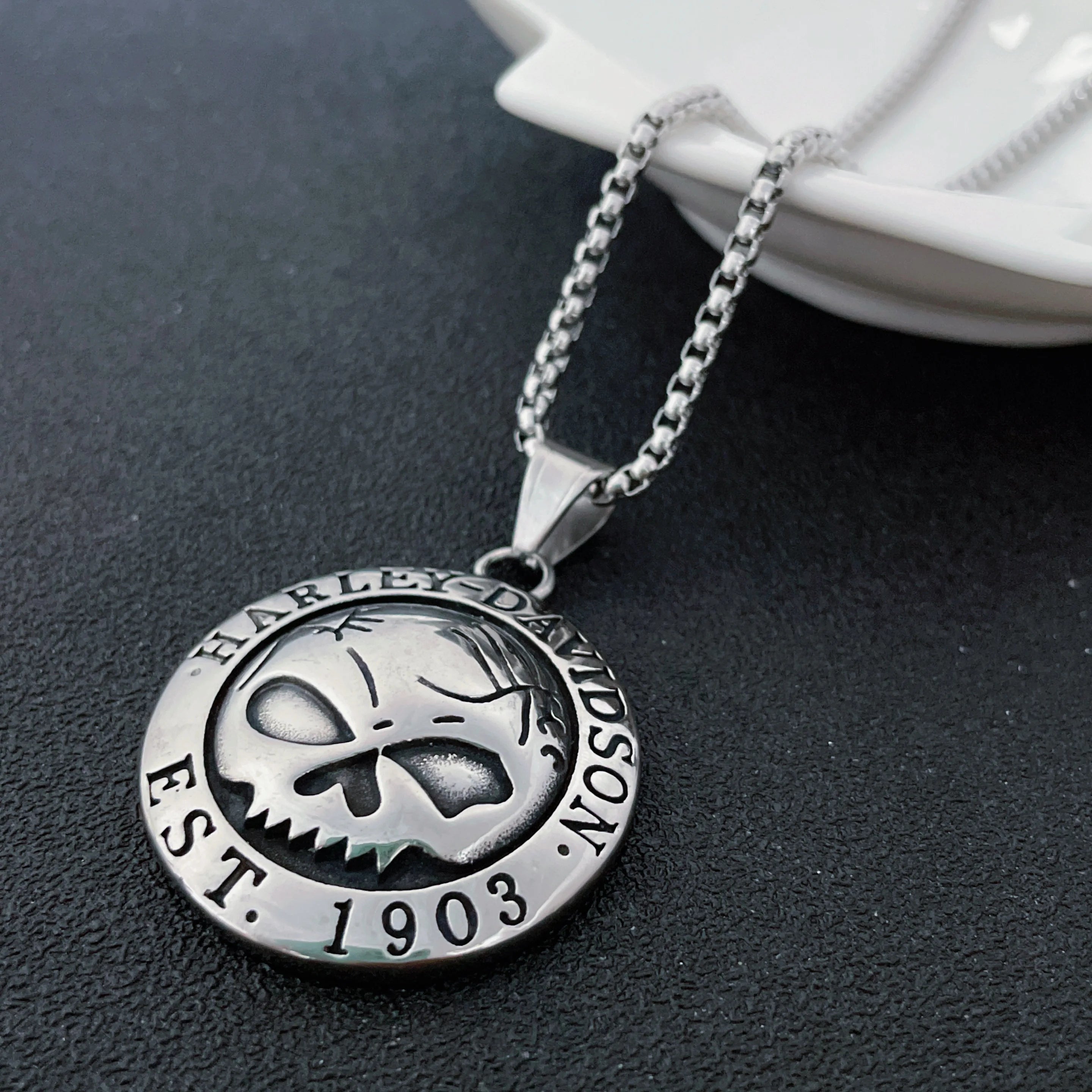 Harley Badge Skull Pendant Necklace — Stainless