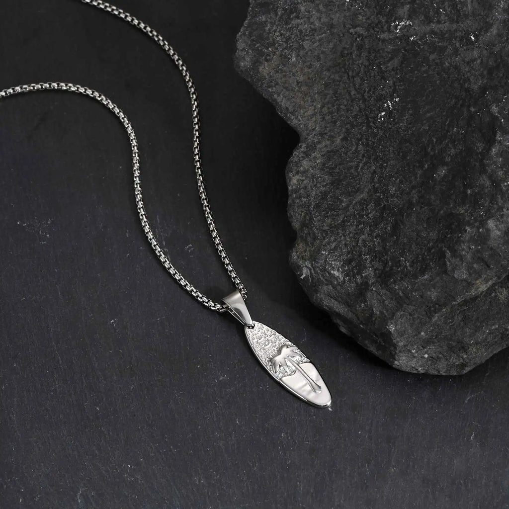 Coconut Tree Oval Pendant Necklace — Stainless Steel