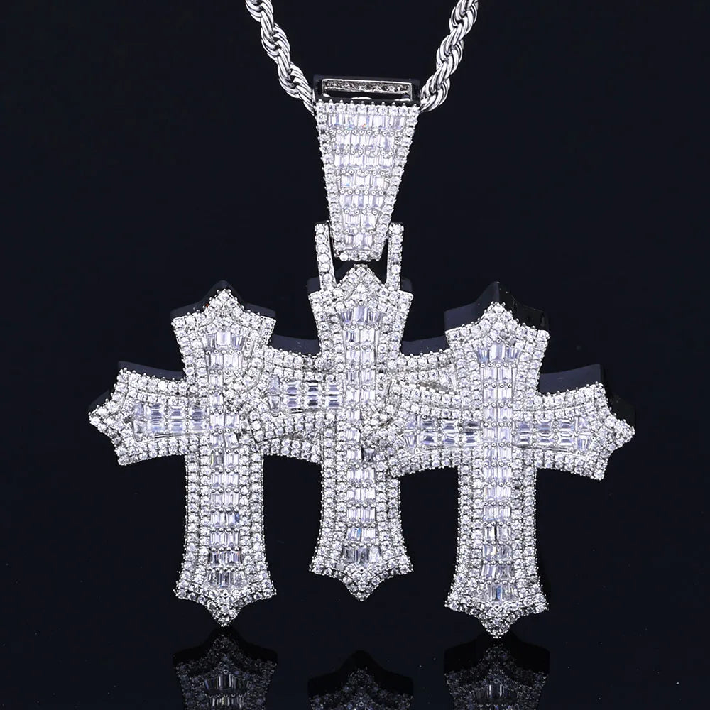Two-Tone Cross Pendant Baguette Iced Out