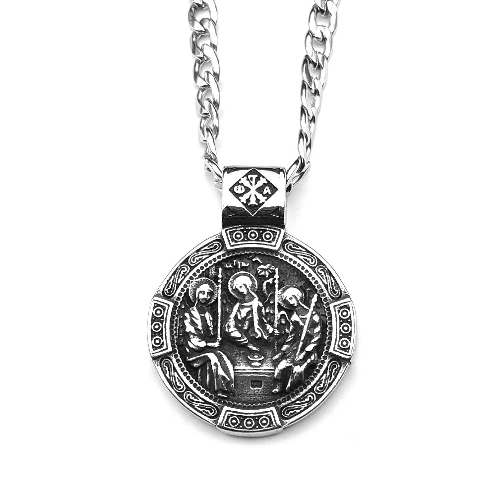 Vintage Orthodox Icons Holy Trinity Round Pendant Necklace for Men Stainless Steel Silver Color Chritian Amulet Chain