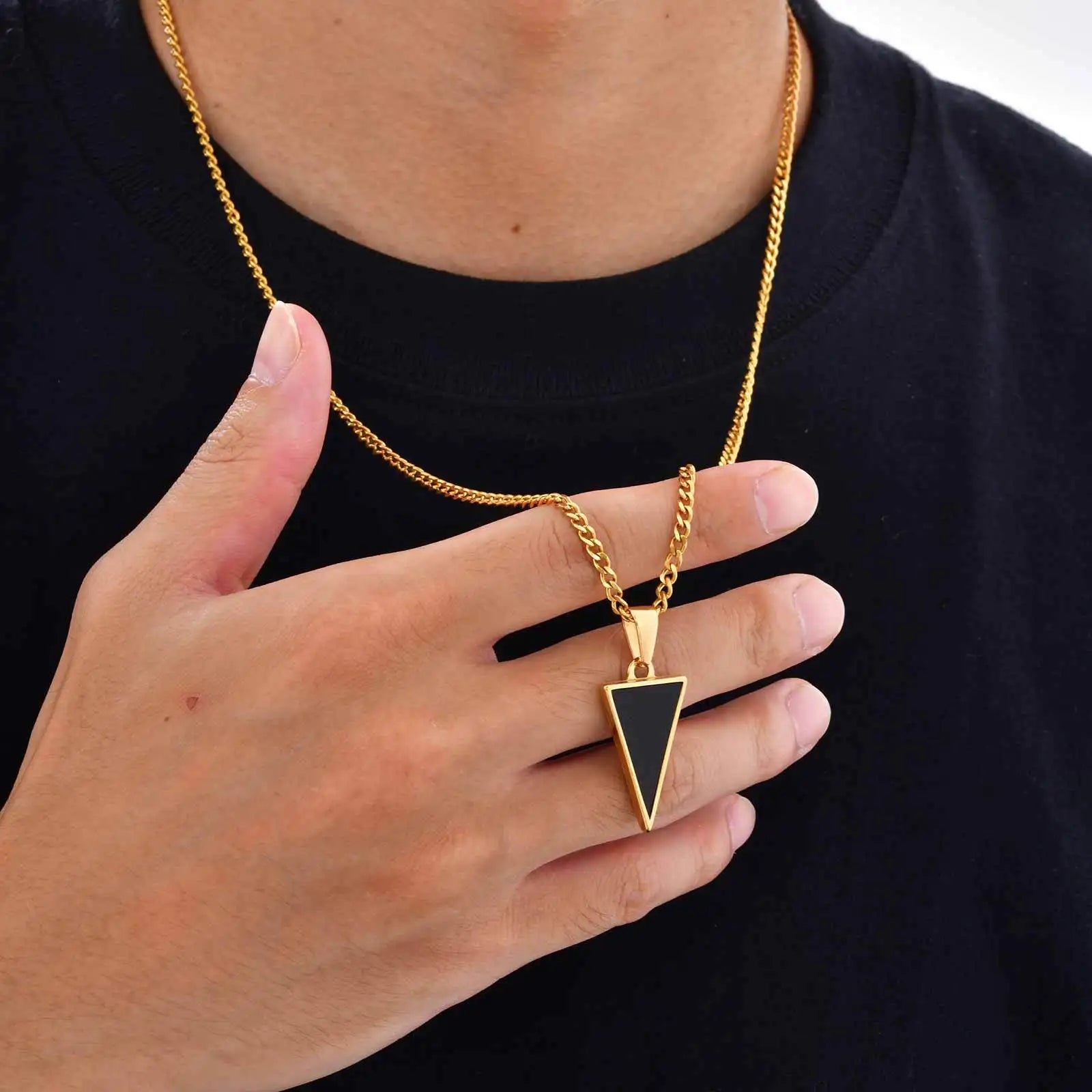 Black Agate Triangle Pendant — Stainless