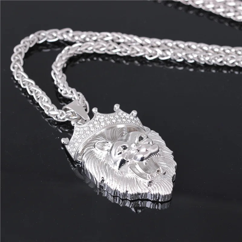 The Lion Head Alloy Men's Necklace Personality Crown Lion Hip Hop Rock Pendant Punk Fashion Jewelry Accessories