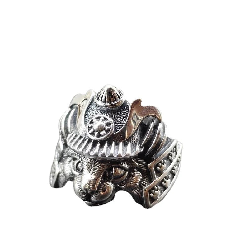 Gothic Samurai Cat Open Ring, Silver-Tone — Zinc Alloy