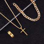 Cross Pendant Necklace Bracelet Ring 3pcs Set — Stainless Steel