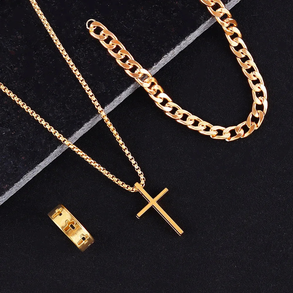 3pcs Stainless Steel Suit Jewelry Set For Men, Hip-hop Cross Pendent Necklace, Bracelet And Ring Set